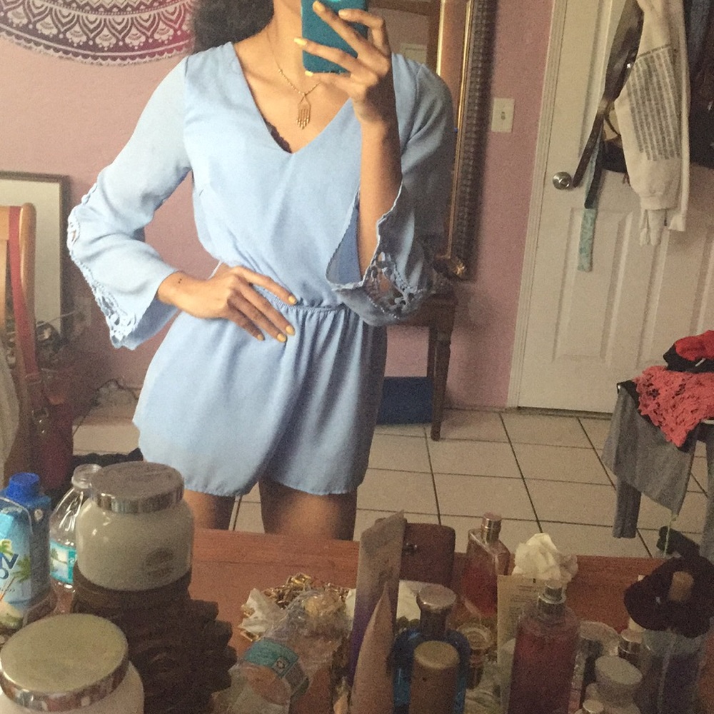 Pastel blue Romper lace sleeves open back